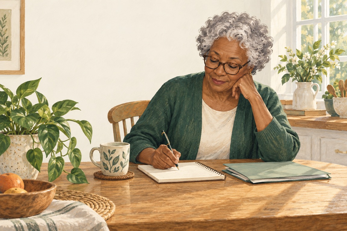 An older woman at a sunlit kitchen table, writing down her next Medicare question.