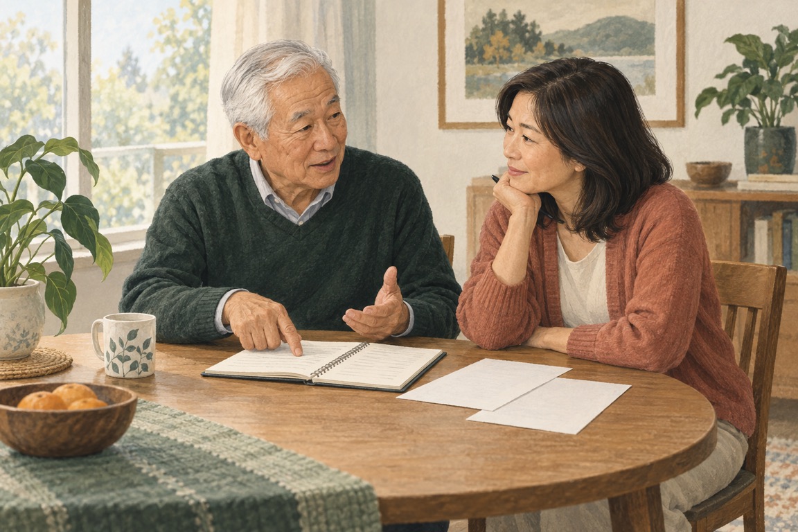 An older man and his adult daughter at a table, organizing his questions together.